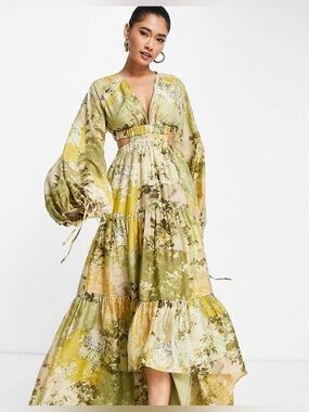ASOS Design printed maxi dress with balloon sleeves
